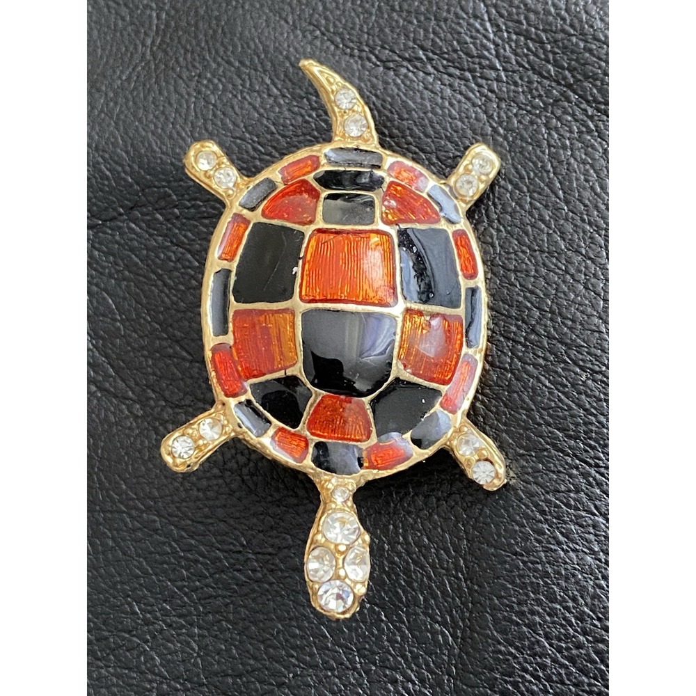 VNTG Orange & Black Enameled Rhinestone Gold Tone Turtle Brooch Good Luck Charm